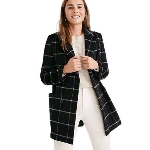 Madewell Hollis Preppy Windowpane Pea Coat Womens Medium Black Wool Cashmere - Picture 1 of 9